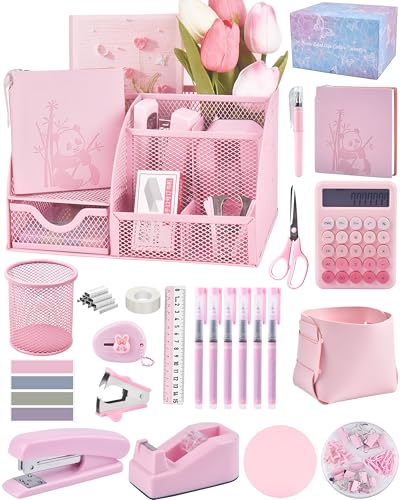 23pc Pink Desk Accessories and Organizers with Mesh Organizer Stapler Tape Dispenser Calculator and a Lot of Office Pink Office Supplies Beautifully Presented in a Gift Box - color: Pink