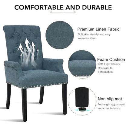 LOULENS Linen Dining Chair with Arms, Tufted Dining Room Chairs, Blue | Solid Wood Legs, Nailhead Trim, Accent Chair, Kitchen Chair - color: Light Blue, size: 1 PCS