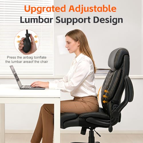 BOSMILLER Big and Tall Office Chair, Heavy Duty Executive Chairs with Adjustable Lumbar Support for Back Pain, Ergonomic Comfortable Computer Chair with Extra Wide Seat for Home Office, Black Pu