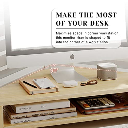 ROYUMI Double Layer Wooden Corner Monitor Stand, Monitor Riser for L Shaped Desk, Corner Laptop Stand with Slots, Space Saving Corner Desk Riser
