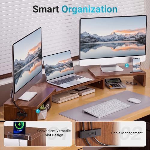 BONTEC Triple Monitor Stand Riser with Smartphone Holder, Walnut - color: Walnut, size: 53.3 in