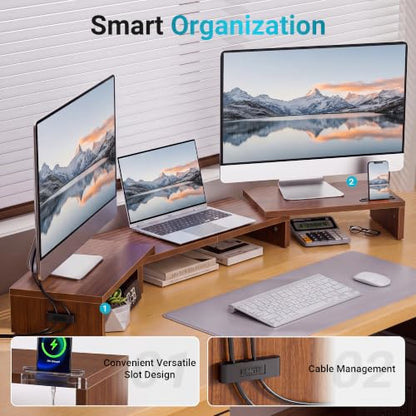 BONTEC Triple Monitor Stand Riser with Smartphone Holder, Walnut - color: Walnut, size: 53.3 in
