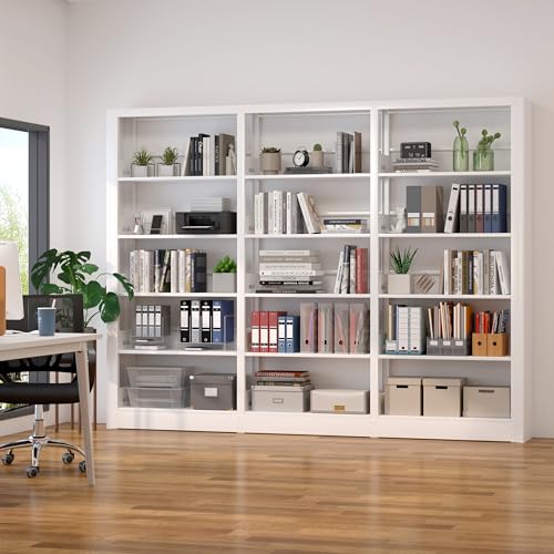 White Bookshelf, 5-Tier Bookshelf with Adjustable Storage Shelves, Freestanding Bookcases and Bookshelves, Wide Bookshelf for Home Office, Living Room, Bed Room, Including Book Stopper - color: White, size: 69"H*102.6"W