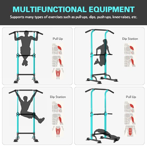 soges Power Tower Pull Up Bar Station, Free Standing Pull Up Rack Dip Station for Home Gym, Height Adjustable Home Strength Training Fitness Workout Equipment - color: Blue