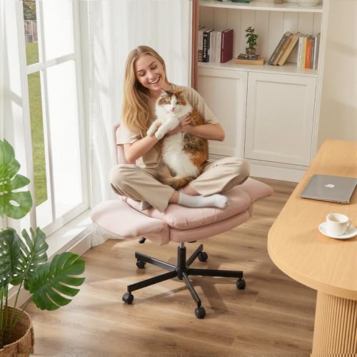 Bestier Velvet Vanity Chair with Flip-Up Arms, Swivel Makeup Chair Pink | Comfy Cross-Legged Computer Chair with Wheels 2 Side Pockets for Home Office Gaming, Bedroom - color: Pink Velvet, size: Low Back