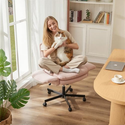 Bestier Velvet Vanity Chair with Flip-Up Arms, Swivel Makeup Chair Pink | Comfy Cross-Legged Computer Chair with Wheels 2 Side Pockets for Home Office Gaming, Bedroom - color: Pink Velvet, size: Low Back
