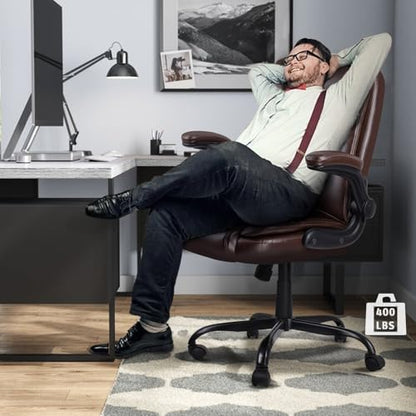 LEMBERI Flip-up Arms Office Desk Chair Big and Tall Managerial Executive Chair, High Back Computer Chair Ergonomic Adjustable Height PU Leather Chairs with Armrest for Long Time Sitting - color: New Brown