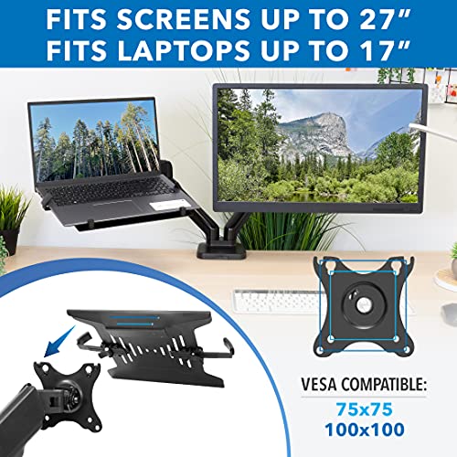 Mount-It! Monitor and Laptop Desk Mount, Height Adjustable Dual Arm Stand with Vented Laptop Tray, Fits Laptops up to 17 Inch and 13–27 Inch Monitors, VESA 75x75 & 100x100, Clamp or Grommet Mount - style: Laptop + Monitor Arm