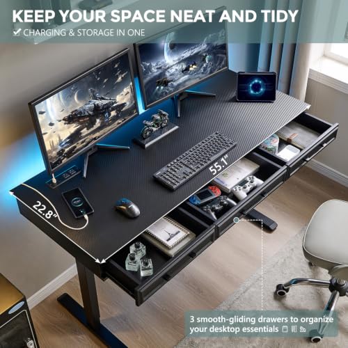 Electric Standing Desk with 3 Storage Drawers, 55x22 Inch Wood Adjustable Height Computer Desk w/One-Piece Desktop, Sit to Stand Up,Power Outlets, Gaming Table for Home Office and Study, Black - color: Black