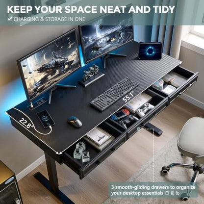 Electric Standing Desk with 3 Storage Drawers, 55x22 Inch Wood Adjustable Height Computer Desk w/One-Piece Desktop, Sit to Stand Up,Power Outlets, Gaming Table for Home Office and Study, Black - color: Black