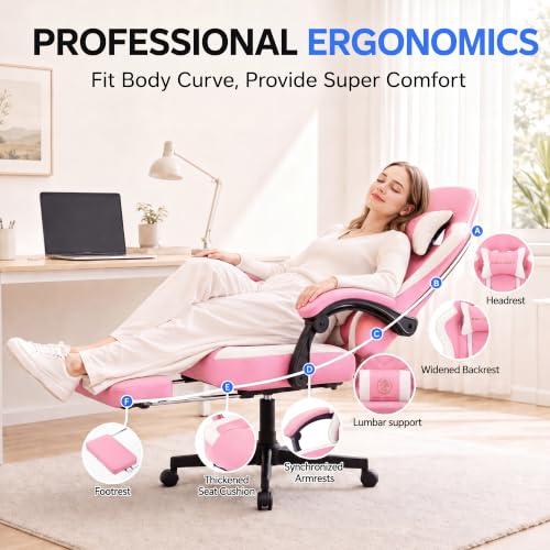 Desk Computer Gaming Chair - High Back Ergonomic Office Chair with Footrest and Lumbar Support, Swivel Comfy Home Gamer Video Game Chairs with Pocket Spring Cushion for Adults (Pink Leather) - color: Classic Pink Leather