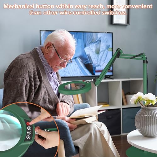 12X Real Glass Magnifying Glass with Light and Stand, LED 5 Color Modes, Stepless Dimmable Magnifying Floor Lamp, 3-in-1 Adjustable Swing Arm Lighted Magnifier Lamp with Clamp for Craft - Green - color: Green