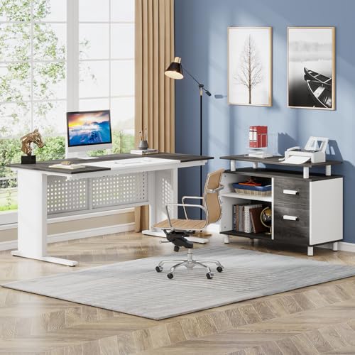 Tribesigns 63 Inch Executive Desk with File Cabinet, L Shaped Office Desk with Drawers and Storage Shelves, Business Furniture Set Workstation for Home Office, Gray and White - color: White and Gray