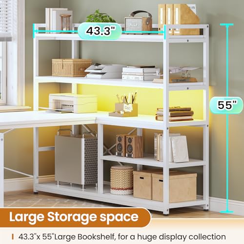 SEDETA 63” Reversible White L Shaped Computer Desk with Storage, Bookshelf - color: White