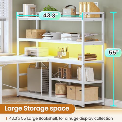 SEDETA 63” Reversible White L Shaped Computer Desk with Storage, Bookshelf - color: White