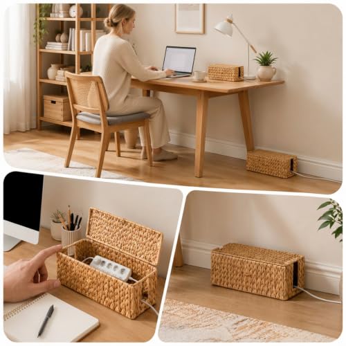 2 Pack Rattan Cable Management Box with Lid & 2 Side Open Slots