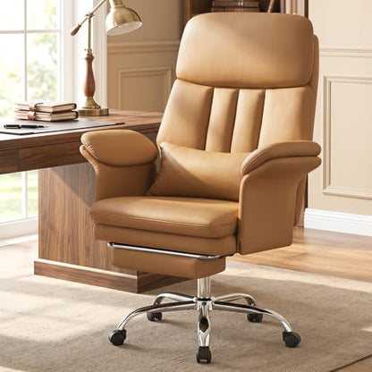 Executive Leather Office Chair with Footrest - High Back Ergonomic Desk Chair, Comfortable Lumbar Support, Soft Armrests, Adjustable Height Rocking Swivel Task Chair, Brown - color: Brown