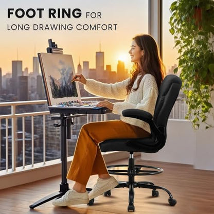 MAHOMICO Drafting Chair for Standing Desk – Tall Office Chair with Adjustable Height & Foot Ring, Flip-Up Arms, Lumbar Support – Comfortable Fabric Seat, Ideal Home Desk Chair - color: Black