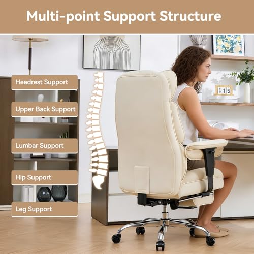 Efomao Executive Office Chair, Beige Fabric Big and Tall Desk Chair | Breathable fabric, pocket spring & foam seat, retractable footrest, 135° recline for computer gaming setup - color: 3084mus-beige