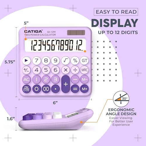 CATIGA Mechanical Switch Calculator with Solar and Battery Dual Power, 12-Digit Large LCD Display, Aesthetic and Cute Desktop Calculator with Big Button, for Home, School and Office Use, SD-1299 - color: Z) Lavender