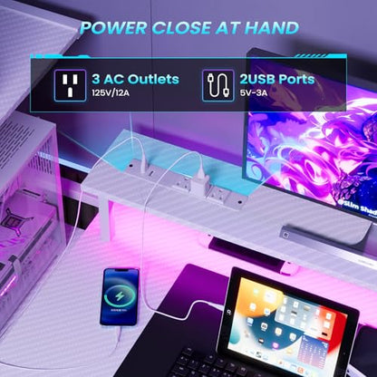 51in Gaming Computer Desk with Drawers & Power Outlet & LED Lights, White - color: White, size: 51''