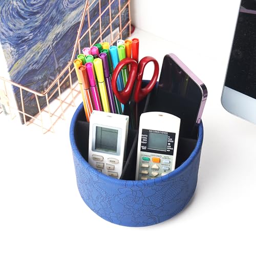 Round Leather Art Supply Organizer,Remote Control Holder,360 Degree Spinning,Multi-Functional Pencil Holder,4 Compartments Desktop Stationary Organizer(1-Lace Flower Blue) - color: 1-Lace Flower Blue