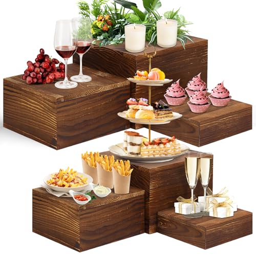 6 Pack Wooden Risers Display Stands Rustic Wood Cake & Cupcake Stands for Party Square Food Risers for Buffet Wooden Crates for Display Home Decor - color: Brown