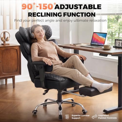 COMHOMA Big and Tall Office Chair with Upgrade Footrest, Heavy Duty Gaming Chair High Back Executive Chair with Spring Lumbar Support for Lower Back Pain Relief, 150°Reclining Adjustable Armrests - color: Black