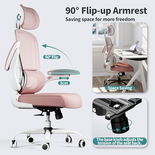 TRALT Office Chair Ergonomic Desk Chair - Gaming Chair with Lumbar Support | 330 LBS Home Office Desk Chairs with Headrest, Reading Chair with Flip-up Armrests, Comfortable Computer Chairs (1, Pink) - color: Pink