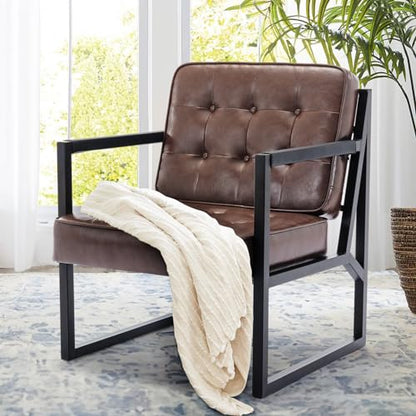 COLAMY Mid Century Modern Accent Chair, Comfy Living Room Chairs, Brown Leather Accent Chair, Faux Leather Reception Armchair with Metal Legs for Living Room Bedroom Reception Waiting Room, Brown - color: Brown, size: Set of 1