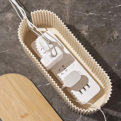 Cable Management Box with Solid Bamboo Cover, 12.6x5.4x4.4 inches, Beige