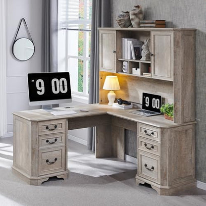 T4TREAM 59" Farmhouse Wood Desk Hutch with Ample Storage, Only Match VSC Series Farmhouse Desk (Light Rustic Oak) - color: Light Rustic Oak, size: Hutch Only