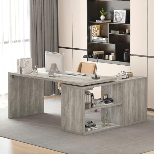 HSH L Shaped Corner Desk, Reversible Computer Desk, Light Grey, 55 Inch | Adjustable Industrial L Shaped Desk with Storage, Wood Corner Home Office Desk, Executive Workstation for Work Study Writing - color: Light Gray Oak