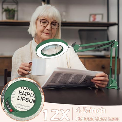 12X Real Glass Magnifying Glass with Light and Stand, LED 5 Color Modes, Stepless Dimmable Magnifying Floor Lamp, 3-in-1 Adjustable Swing Arm Lighted Magnifier Lamp with Clamp for Craft - Green - color: Green