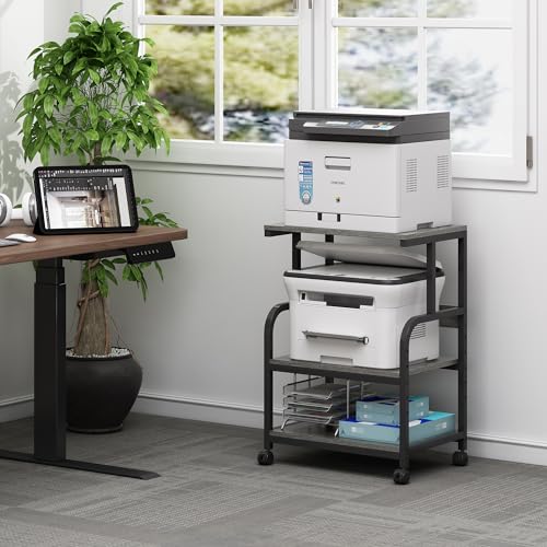 Fannova Printer Stand with Height Adjustable Storage Shelf, 3 Tier Mobile Printer Table with Wheels, Rolling Printer Cart for Home Office Organization, Gray - color: Grey