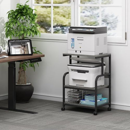Fannova Printer Stand with Height Adjustable Storage Shelf, 3 Tier Mobile Printer Table with Wheels, Rolling Printer Cart for Home Office Organization, Gray - color: Grey