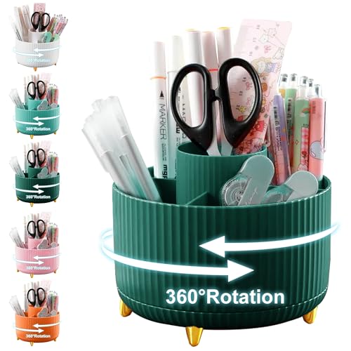 Cayxenful Pencil Holder For Desk,5 Slots 360°Degree Rotating Desk Organizers And Accessories,Desktop Storage Stationery Supplies Organizer, Cute Pencil Cup Pot For Office, School, Home (A-Green) - color: A-Green
