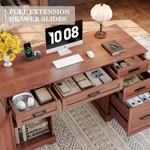 Alohappy 55'' Farmhouse Executive Desk, Home Office Desk with Drawers, Wood Computert Desk with File Cabinet and Power Outlets, Cherry Brown - color: Cherry Brown, size: 55''