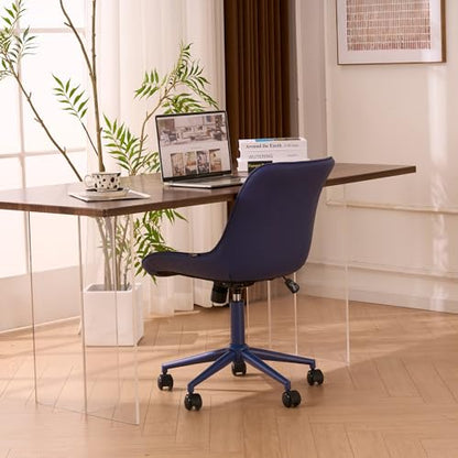YOUNIKE Faux Leather Office Chair Ergonomic Desk Chair Armless Navy Blue | Ergonomic Upholstered Rocking Back, Swivel with Wheels, Height Adjustable, Modern Task Chair For Computer Sewing Drafting - color: Navy Blue