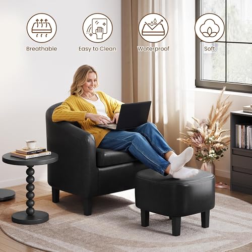 Yaheetech Accent Chairs with Ottoman, Faux Leather Barrel Chairs, Black - color: Black, size: Chair:25.5x 27.5 x 28''H Ottoman:18x 18.7x 15.7''H