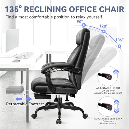 Office Chair, Big and Tall Office Desk Chair, Reclining Office Chair with Footrest Home Office Desk Chairs, High Back Ergonomic with Lumbar Support, Executive Leather - color: Matte Black, style: With Footrest