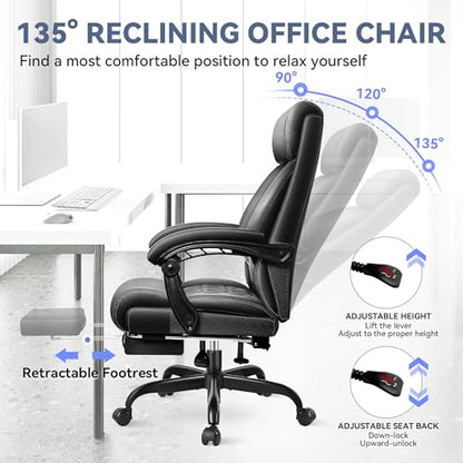 Office Chair, Big and Tall Office Desk Chair, Reclining Office Chair with Footrest Home Office Desk Chairs, High Back Ergonomic with Lumbar Support, Executive Leather - color: Matte Black, style: With Footrest