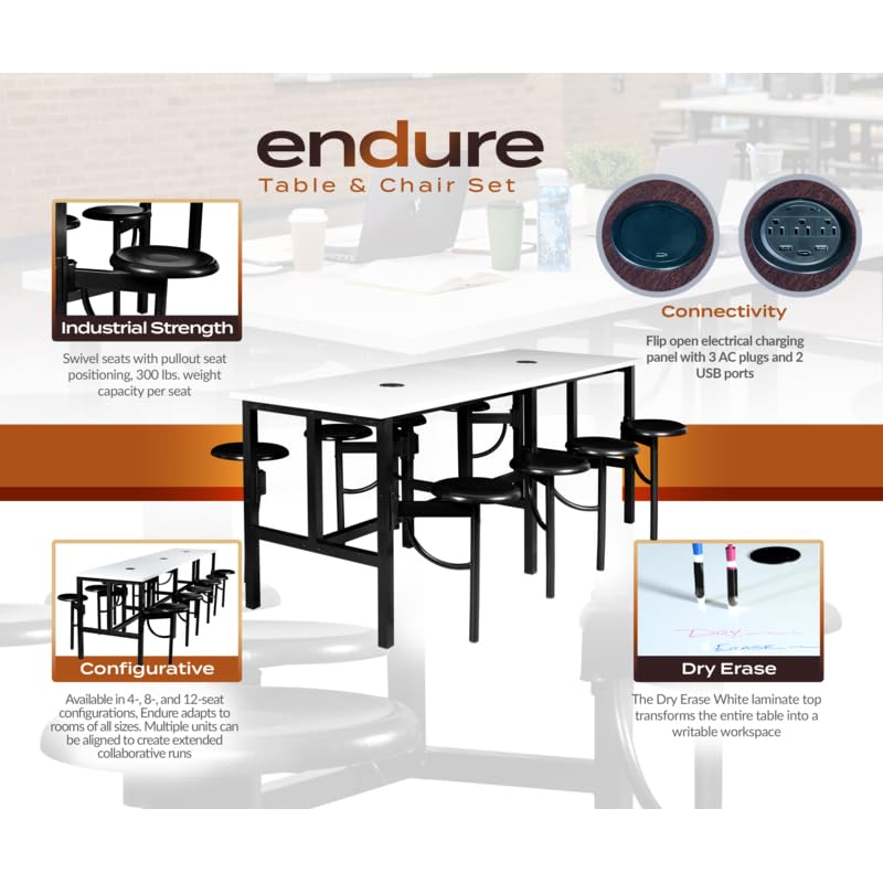 Romig Endure Standing Height Collaborative Table and Chair Set with 8 Pull-Out Swivel Stools, Dry Erase Whiteboard Top, Built-in Power Outlets and USB Charging, Classroom Training Table - color: White, size: 8 Seater