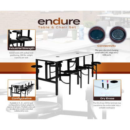 Romig Endure Standing Height Collaborative Table and Chair Set with 8 Pull-Out Swivel Stools, Dry Erase Whiteboard Top, Built-in Power Outlets and USB Charging, Classroom Training Table - color: White, size: 8 Seater