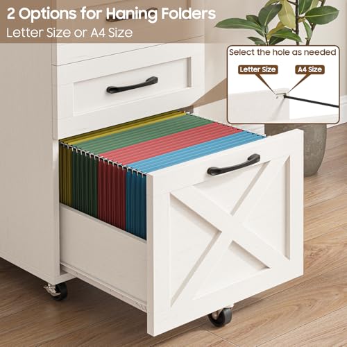 Halitaa Farmhouse 3 Drawer Small File Cabinet with Wheels, Rustic White - color: Rustic White and Brown