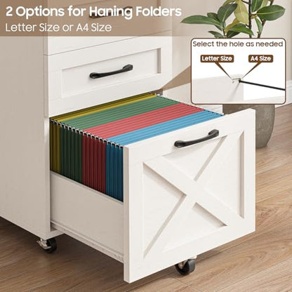 Halitaa Farmhouse 3 Drawer Small File Cabinet with Wheels, Rustic White - color: Rustic White and Brown