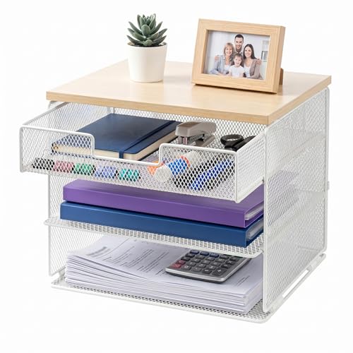 4-Tier Mesh Desk Organizer and Accessories with Drawer Wooden Top Desktop Organizers Letter Tray Paper Organizer File Holder for Home Office School White - color: White