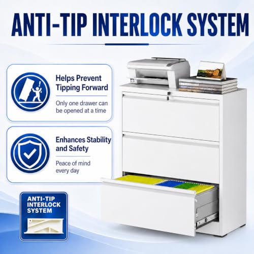 3 Drawer File Cabinet with Lock, Metal File Cabinet, White - color: White, size: 40.4"H - 3 Drawer