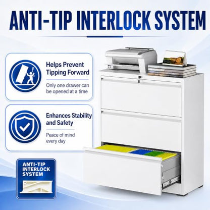 3 Drawer File Cabinet with Lock, Metal File Cabinet, White - color: White, size: 40.4"H - 3 Drawer