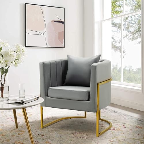 Velvet Accent Chair, Modern Barrel Arm Chair for Living Room/Bedroom/Guest Reception, Upholstered Club Armchair with Pillow & Gold Base, Grey - color: Grey, size: 1 PC
